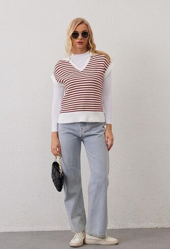 Striped Knit Sweater Vest for Women Sleeveless Johnny Collar Pullover Tank Tops V Neck Cap Sleeve 2024 Fall Clothes in Saudi Arabia