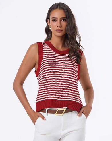 Tanou Sweater Vest for Women Casual Sleeveless Crew Neck Tie Crochet Color Block Vest Summer Knitted Tank Tops in Saudi Arabia