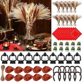 Yousoontic 10 Sets Western Cowboy Centerpiece with Pampas Grass Mason Jar Horseshoe Lantern Decorations Candle Mini Cowboy Hat Bandannas Table Cowboy Party Decorations for Cowboy Party Favor Supply