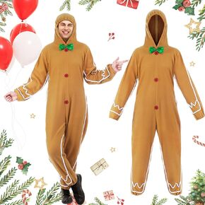 Geyoga Christmas Gingerbread Man Costume for Adults Gingerbread Man Outfit Bodysuit Unisex Halloween Character Costume