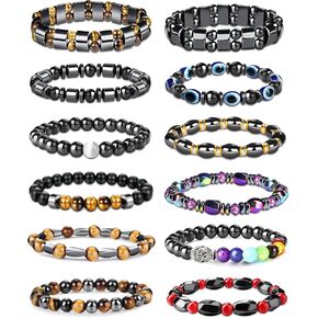 THUNARAZ 12Pcs Hematite Magnetic Bracelet Set for Men Women Tiger Eye Stone Bracelet Stree Relief Gift
