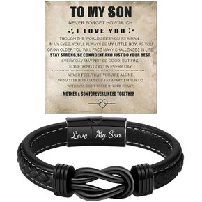 Son's Infinity Knot Bracelet, To My Son Infinity Knot Leather Bracelet From Mom Forever Linked Together Bracelets for My Son Stainless Steel Engraved Jewelry for Birthday Christmas