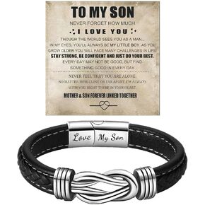 Son's Infinity Knot Bracelet, To My Son Infinity Knot Leather Bracelet From Mom Forever Linked Together Bracelet for My Son Stainless Steel Engraved Jewelry for Birthday Christmas
