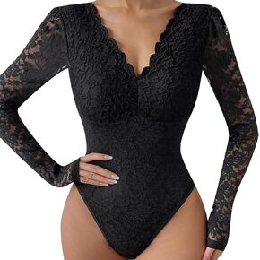 ABAFIP Women's Sheer Long Sleeve Floral Lace Bodysuit Blouse Top V-Neck Backless Going Out Leotard Tops