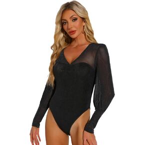 Allegra K Glitter Bodysuit for Women's V Neck Lantern Sleeve Sexy Body Suits Tops