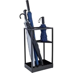 MyGift 20 Inch Modern Matte Black Metal Entryway Umbrella Holder, Large Rectangular Rack for Long Stick Rain Umbrellas and Walking Canes with Shelf for Travel Compact Umbrellas and Bottom Drip Catch