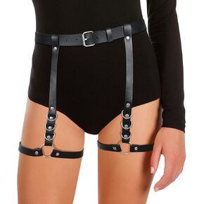 حزام رباط للساق من جلد البولي يوريثان للنساء من WERFORU حزام خصر للسيدات على الطراز القوطي الصخري مع أربطة للساق (أسود E، خصر مناسب 22 بوصة - 37 بوصة ومحيط الساق 17 بوصة - 25 بوصة) in Kuwait