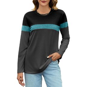 Womens Long Sleeve Color Block Tunic Tops Dressy Casual Round Neck Pullover Loose Fit Blouses