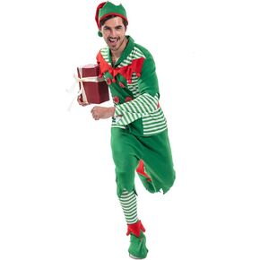 Christmas Men Elf Santa Helper Unique Costumes for Adult Green Stripe Outfit