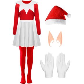 Christmas Elf Outfit for Women Red White Deluxe Female Elf Costume Cosplay Dress Suit with Hat Collar Holiday Party