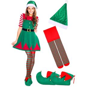 Christmas Elf Shoes Hat Striped Stockings Accessories 3 Pieces Christmas Elf Costume Set for Women Xmas Gift for Adults Green and Red Striped Tights for Cosplay Party Supply Decor, Dress Not Included