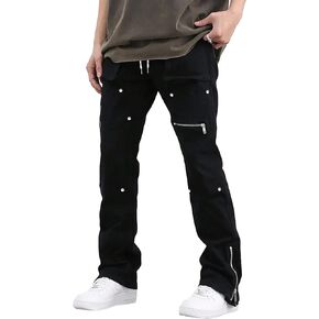 GORGLITTER Men's Baggy Zipper Hem Flared Cargo Pants Elastic Waist Rivets Stacked Trousers with Pockets