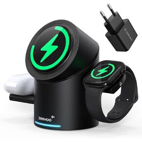 ZEEHOO 3 in 1 Charging Station for Apple Devices, Mag-Safe Charger Stand, Qi2 15W Auto-Rotating Wireless Charging Station for iPhone 16/15/14/13/12 Series& AirPods& iWatch(30W Charger Included)