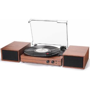 Record Player for Vinyl with External Speakers, Bluetooth 3 Speed Vintage Belt-Driven 33 45 78 RPM Turntable with Stereo Speakers, MP3 PC Recording, RCA Line-Out, AUX-in Headphone Out, Brown