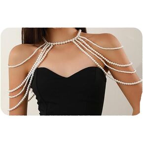 YERTTER Dainty Sexy Silver Pearl Neck Chain Shoulder Layered Pearl Body Chain Shoulder Necklaces Bra Chain for Women