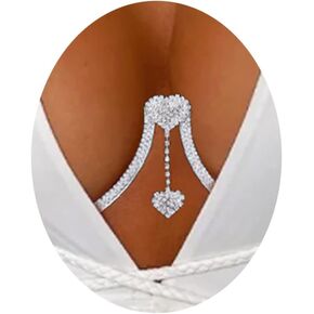 Rhinestone Chest Bracket Sexy Bra Chain Body Jewelry Bikini Silver Crystal Body Chain Rhinestone Bra Underwear Chain Jewelry for Women (Double Heart Pendant)