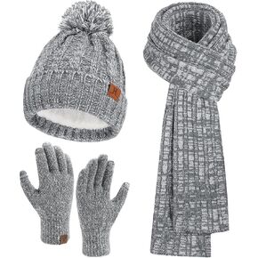Womens Winter Warm Beanie Hat Touchscreen Gloves Long Scarf Set Rib Cable Knit Fleece Lined Skull Pom Caps