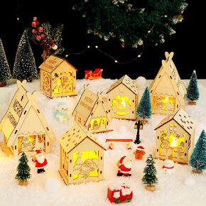 35pcs DIY Christmas Village Sets Wooden Christmas Village Houses for Crafts Lighted Christmas Village Accessories with Mini Xmas Miniature Tree Winter Snow Christmas Village Decorations Set Craft Gift