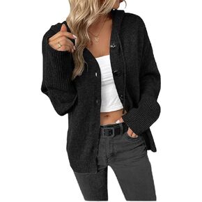 BAKANO Women Hooded Cardigan Cross Border Sweater Long Sleeve V Neck Knit Button Front Casual