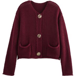 Yimoon Womens Cropped Cardigan Sweaters Gold Button Down Chunky Knit Sweaters Long Sleeve Open Front Fall Crochet Cardigan