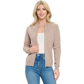 Women's 100% Cashmere Soft Long Sleeve Crew Neck Open Zip Cardigan