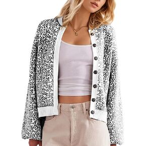 Women Slouchy Leopard Print Cardigan Sweaters Crew Neck Long Sleeve Button Down Knit Sweater Top Cheetah Graphic Coat