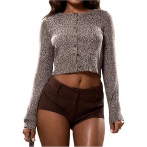 MakeMeChic Women's Crew Neck Button Down Cardigan Sweater Long Sleeve Knit Crop Cardigan