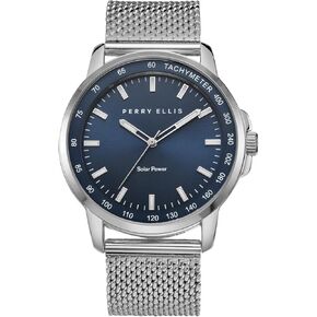 Perry Ellis Solar Powered Mens Watch | Steel Mesh Band | Water-Resistant Analog Wrist Watches for Men | 43mm Case | Aluminum Tachymeter Bezel | Elegant Gift for Man