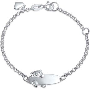 Personalized Name Bar Teddy Bear ID Identification Bracelet Women Teen .925 Silver Sterling Small Wrists 5-6 Inch Adjust