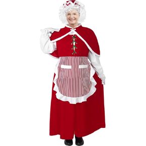 Mrs. Claus Costume for Women Plus Size Adult Santa Dress 8PCS with Bonnet Apron Wig Deluxe Christmas Cosplay Outfit