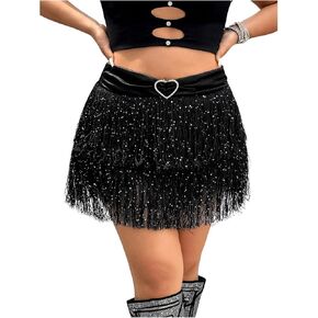 Floerns Women's Plus Size Sequin Fringe Mini Skirts Sparkly Elastic Waist Party Skirts