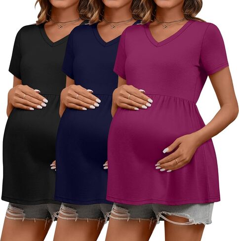 Ficerd 3 Pack Women's Maternity Shirts, Short Sleeve Pregnancy Tunic Tops Side Ruched Basic Tshirt Casual Pregnancy Clothes in Saudi Arabia
