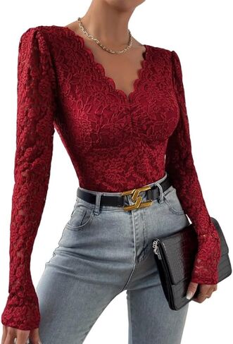 ABAFIP Women's Sheer Long Sleeve Floral Lace Bodysuit Blouse Top V-Neck Backless Going Out Leotard Tops in Saudi Arabia