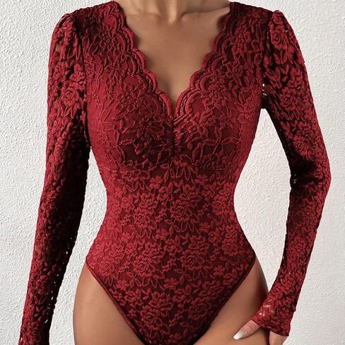 ABAFIP Women's Sheer Long Sleeve Floral Lace Bodysuit Blouse Top V-Neck Backless Going Out Leotard Tops in Saudi Arabia