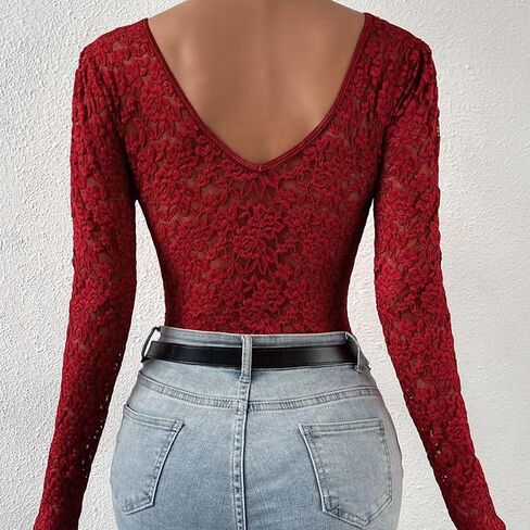 ABAFIP Women's Sheer Long Sleeve Floral Lace Bodysuit Blouse Top V-Neck Backless Going Out Leotard Tops in Saudi Arabia