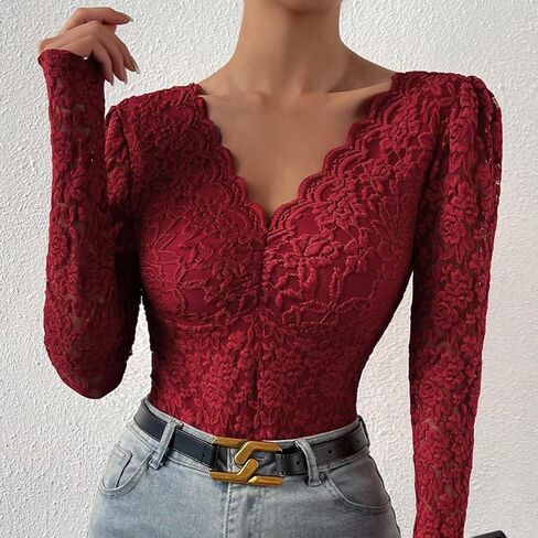 ABAFIP Women's Sheer Long Sleeve Floral Lace Bodysuit Blouse Top V-Neck Backless Going Out Leotard Tops in Saudi Arabia