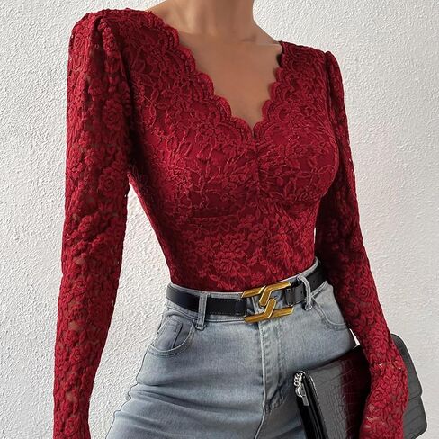 ABAFIP Women's Sheer Long Sleeve Floral Lace Bodysuit Blouse Top V-Neck Backless Going Out Leotard Tops in Saudi Arabia
