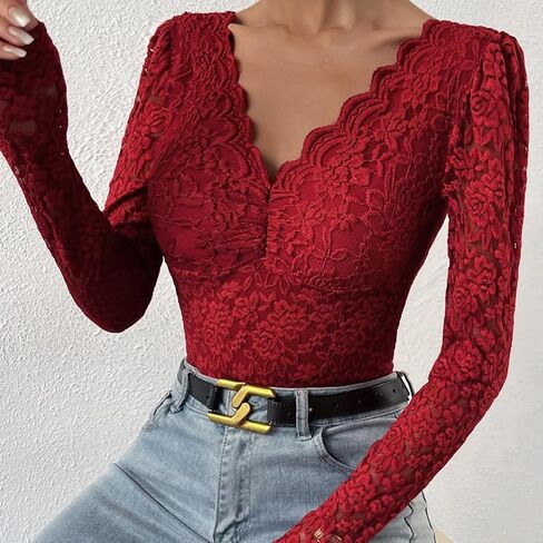 ABAFIP Women's Sheer Long Sleeve Floral Lace Bodysuit Blouse Top V-Neck Backless Going Out Leotard Tops in Saudi Arabia