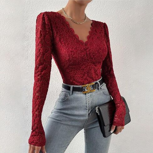 ABAFIP Women's Sheer Long Sleeve Floral Lace Bodysuit Blouse Top V-Neck Backless Going Out Leotard Tops in Saudi Arabia