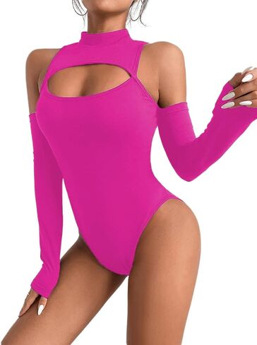 Hilinker Womens Sexy Long Sleeve Cut Out Bodysuit Turtleneck High Cut Body Suits Club Party in Saudi Arabia