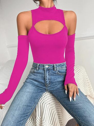 Hilinker Womens Sexy Long Sleeve Cut Out Bodysuit Turtleneck High Cut Body Suits Club Party in Saudi Arabia