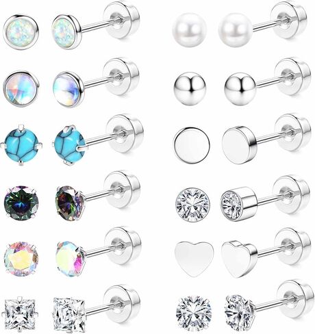 Jstyle 20G Push-in Threadless Flat Back Earrings for Women Mens Surgical Steel Stud Earrings for Sensitive Ears, 14K Gold Plated Pearl Opal Ball Heart CZ Cartilage Earring Sets Hypoallergenic in Saudi Arabia