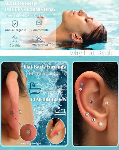 Jstyle 20G Push-in Threadless Flat Back Earrings for Women Mens Surgical Steel Stud Earrings for Sensitive Ears, 14K Gold Plated Pearl Opal Ball Heart CZ Cartilage Earring Sets Hypoallergenic in Saudi Arabia