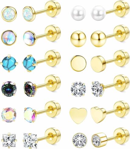 Jstyle 20G Push-in Threadless Flat Back Earrings for Women Mens Surgical Steel Stud Earrings for Sensitive Ears, 14K Gold Plated Pearl Opal Ball Heart CZ Cartilage Earring Sets Hypoallergenic in Saudi Arabia