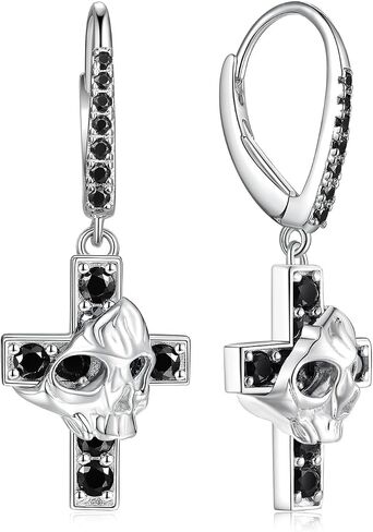 Black Moissanite Skull Cross Earrings for Men Women, D1.00ct Dark Black Moissanite Claw Earrings, Solid 925 Sterling Silver Rhodium Finish Hypoallergenic, Halloween Gothic Jewelry in Saudi Arabia
