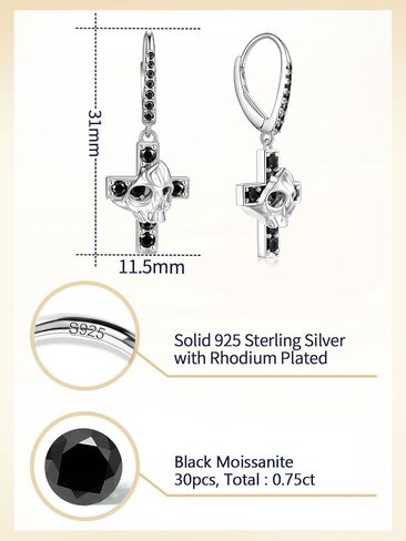 Black Moissanite Skull Cross Earrings for Men Women, D1.00ct Dark Black Moissanite Claw Earrings, Solid 925 Sterling Silver Rhodium Finish Hypoallergenic, Halloween Gothic Jewelry in Saudi Arabia