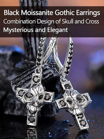 Black Moissanite Skull Cross Earrings for Men Women, D1.00ct Dark Black Moissanite Claw Earrings, Solid 925 Sterling Silver Rhodium Finish Hypoallergenic, Halloween Gothic Jewelry in Saudi Arabia