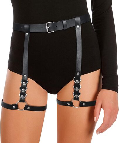 حزام رباط للساق من جلد البولي يوريثان للنساء من WERFORU حزام خصر للسيدات على الطراز القوطي الصخري مع أربطة للساق (أسود E، خصر مناسب 22 بوصة - 37 بوصة ومحيط الساق 17 بوصة - 25 بوصة) in Kuwait
