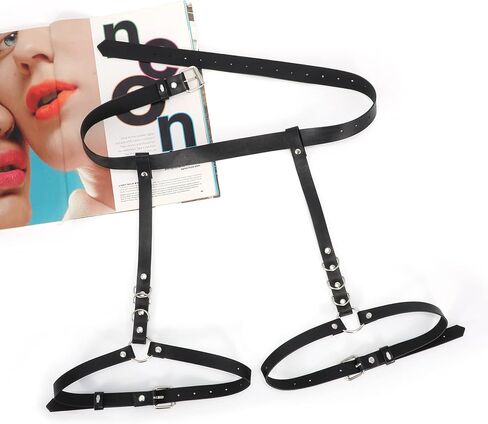 حزام رباط للساق من جلد البولي يوريثان للنساء من WERFORU حزام خصر للسيدات على الطراز القوطي الصخري مع أربطة للساق (أسود E، خصر مناسب 22 بوصة - 37 بوصة ومحيط الساق 17 بوصة - 25 بوصة) in Kuwait