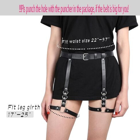 حزام رباط للساق من جلد البولي يوريثان للنساء من WERFORU حزام خصر للسيدات على الطراز القوطي الصخري مع أربطة للساق (أسود E، خصر مناسب 22 بوصة - 37 بوصة ومحيط الساق 17 بوصة - 25 بوصة) in Kuwait